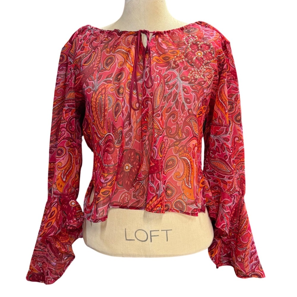 VTG RAG L Paisley Pink Chiffon Bell Sleeve Beaded Cropped Festival Boho Top 70s